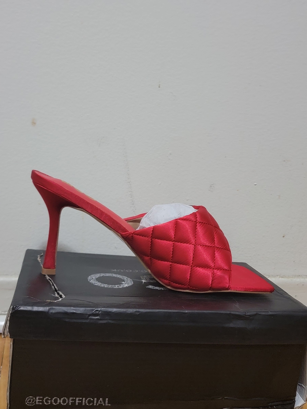 EGO Red Quilted Satin Mule Heel